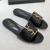 Saint Laurent Monogram Slides Women Stone Grain Leather Black