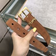 Saint Laurent Monogram Belt With Square Buckle In Suede Brown/Gold