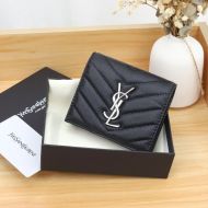 Saint Laurent Monogram Flap Card Case In Grained Matelasse Leather Black/Silver