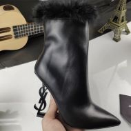 Saint Laurent Opyum Ankle Boots Women Smooth Leather and Mink Fur With Black Heel Black