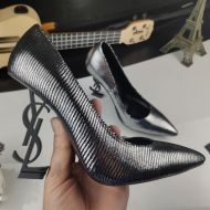 Saint Laurent Opyum Pumps Women Glitter Leather with Black Heel Silver