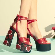 Saint Laurent Paige Platform Sandals Women Leather with Hearts Motif Red