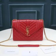 Saint Laurent Small Envelope Chain Bag In Mixed Grained Matelasse Leather Red/Gold