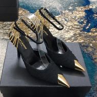 Saint Laurent Vesper Slingback Pumps with Chains Strap Women Tweed and Leather Black/Gold